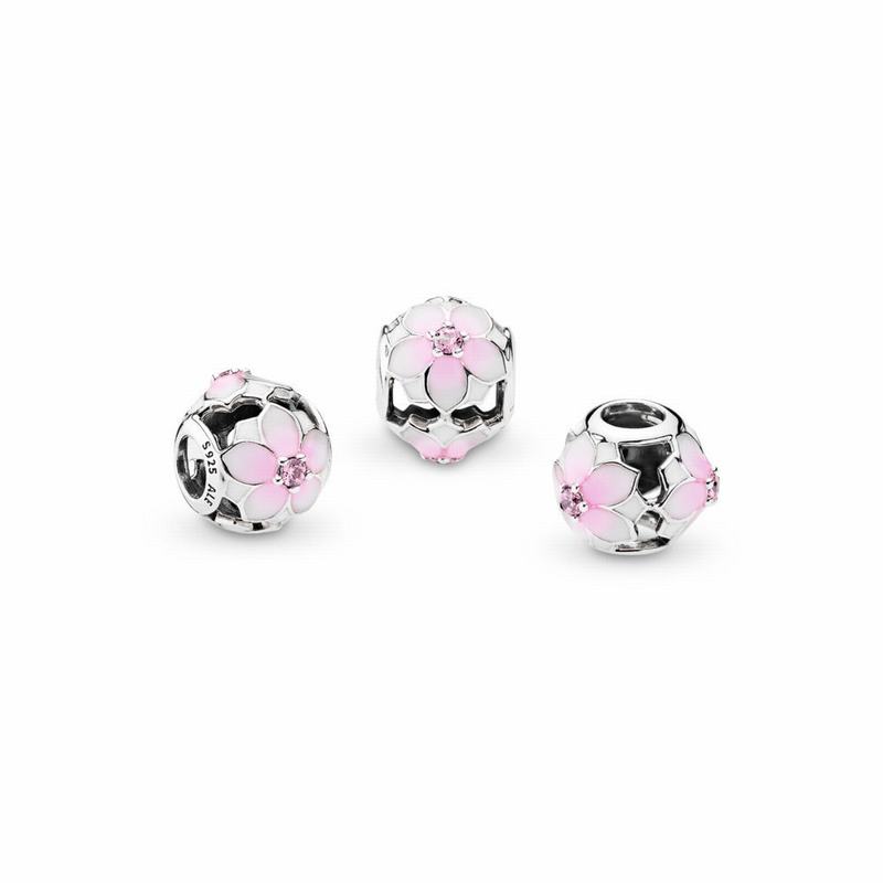 Pandora Magnolia Bloom Charm Ireland - Sterling Silver/Enamel/Pink/Cubic Zirconia - 048721URE